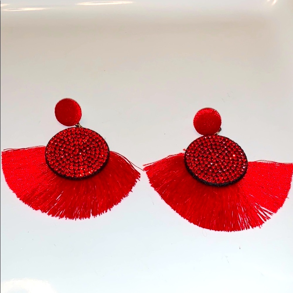 RED TASSEL FRINGE EARRINGS - Picture 6 of 8